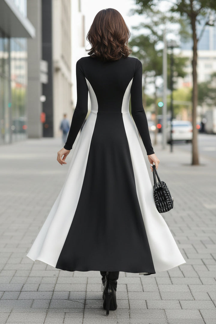 Kathleen | Polished Contrast Panel Turtleneck Maxi Winter Dress