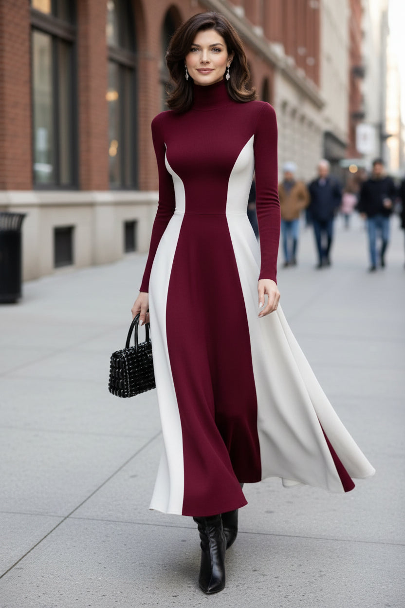 Kathleen | Polished Contrast Panel Turtleneck Maxi Winter Dress