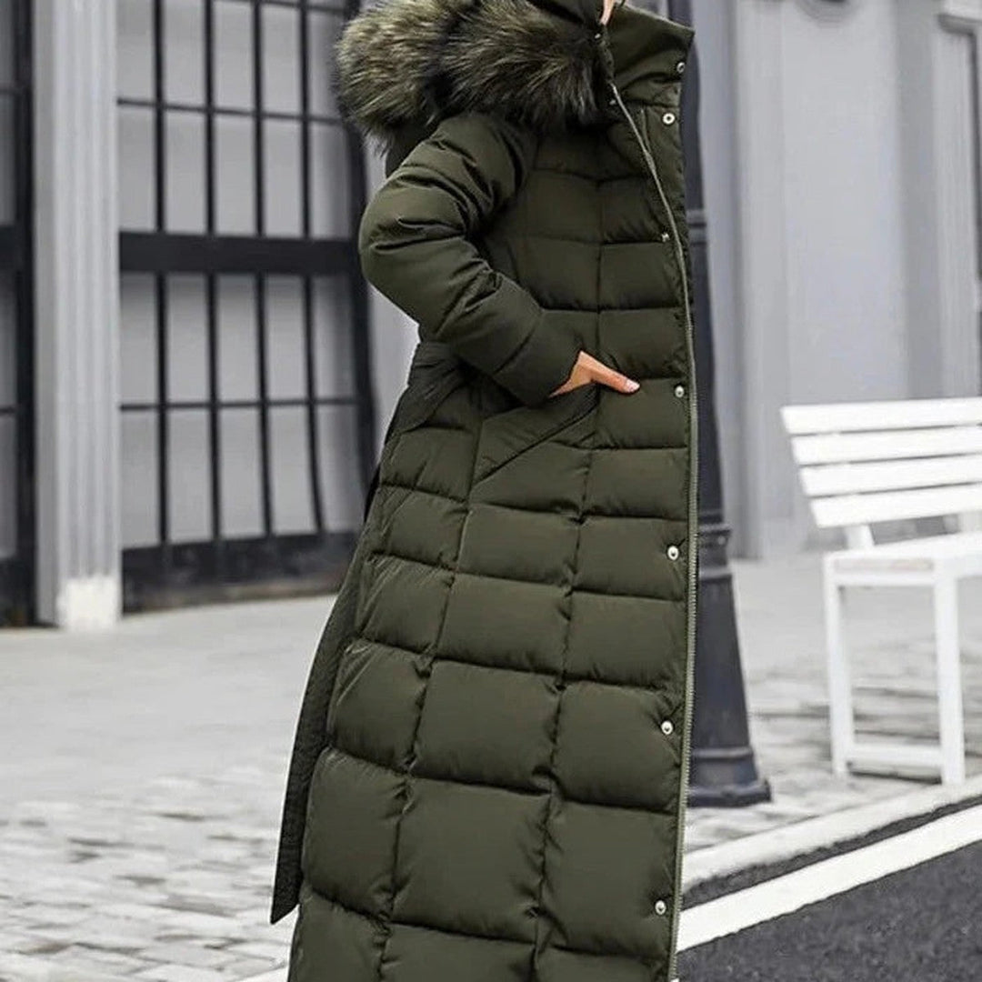 Kayla | Refined Long Quilted Puffer Jacket with Faux Fur Hood