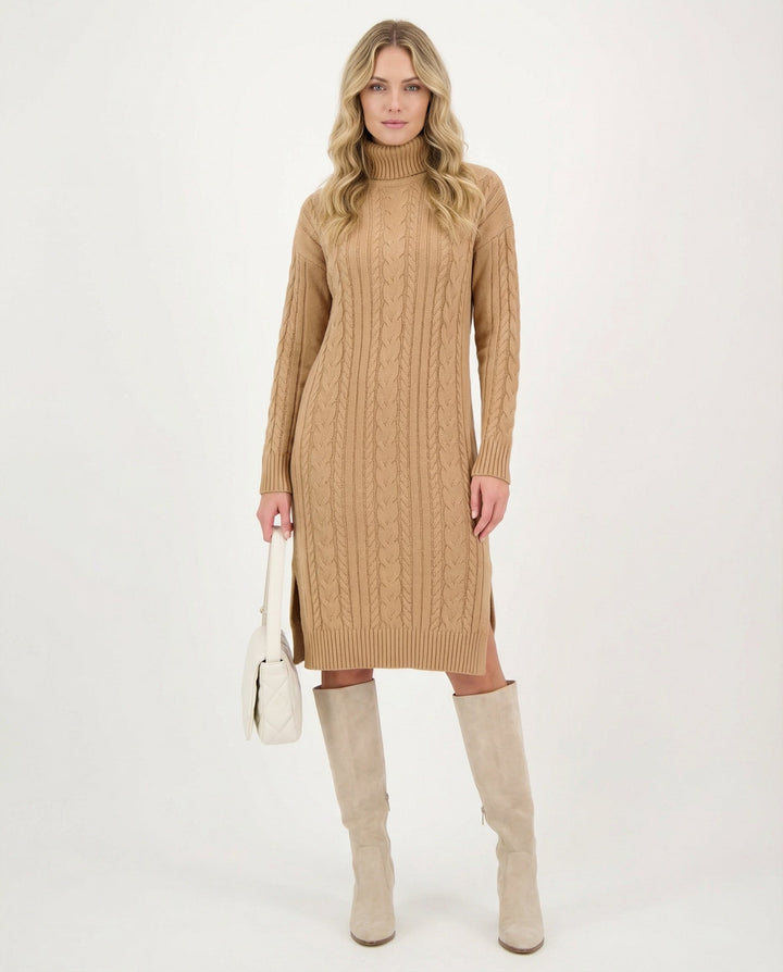 Kimberly | Chic Cable Knit Turtleneck Winter Sweater Dress