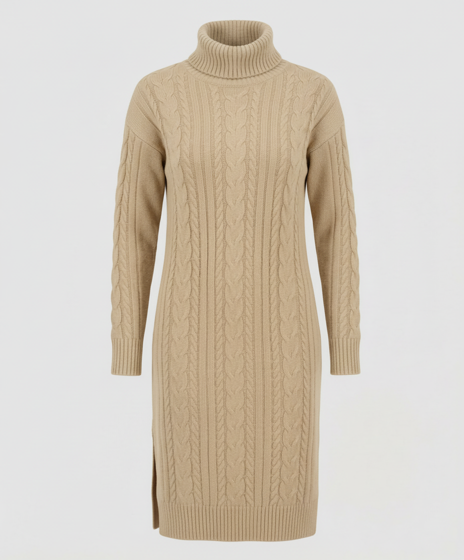 Kimberly | Chic Cable Knit Turtleneck Winter Sweater Dress