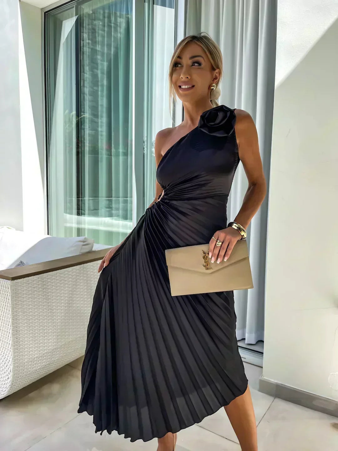 Laura | Graceful One-Shoulder Pleated Maxi Christmas Dress