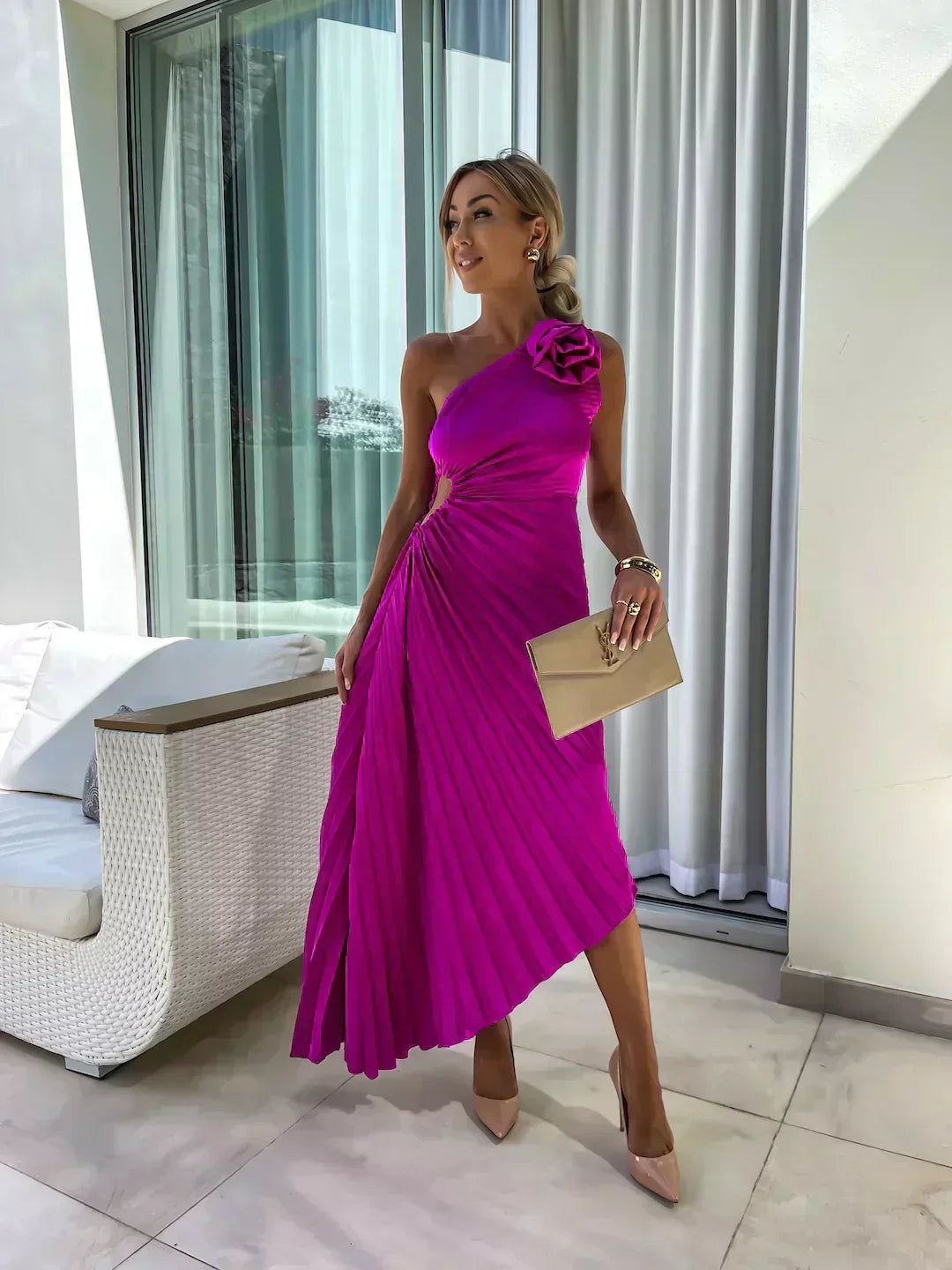 Laura | Graceful One-Shoulder Pleated Maxi Christmas Dress