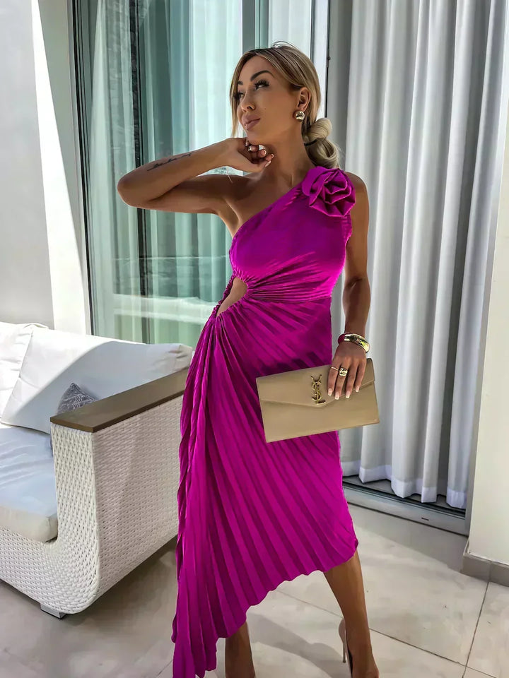 Laura | Graceful One-Shoulder Pleated Maxi Christmas Dress