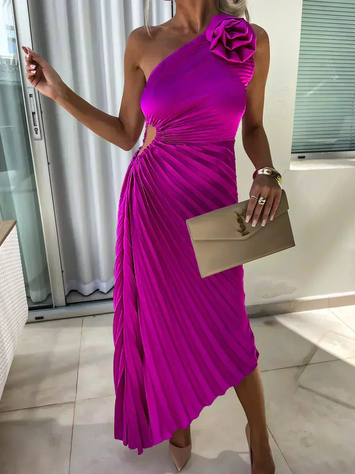Laura | Graceful One-Shoulder Pleated Maxi Christmas Dress