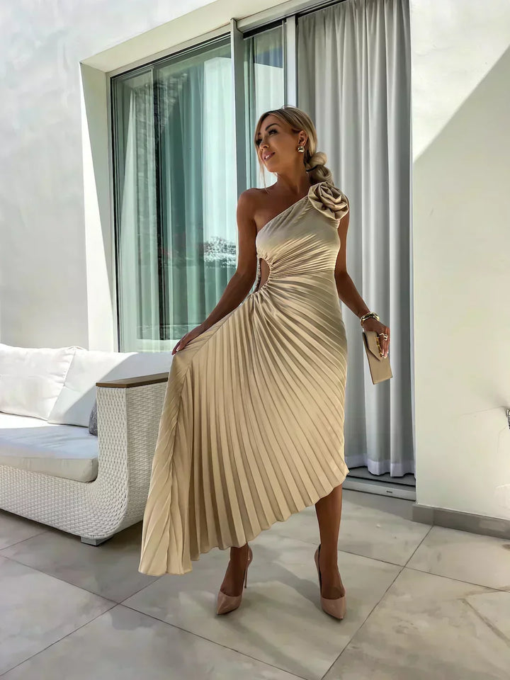 Laura | Graceful One-Shoulder Pleated Maxi Christmas Dress