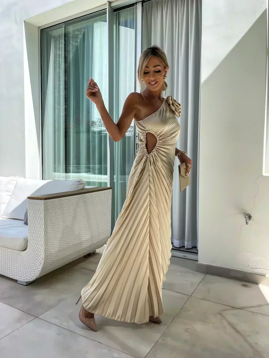 Laura | Graceful One-Shoulder Pleated Maxi Christmas Dress