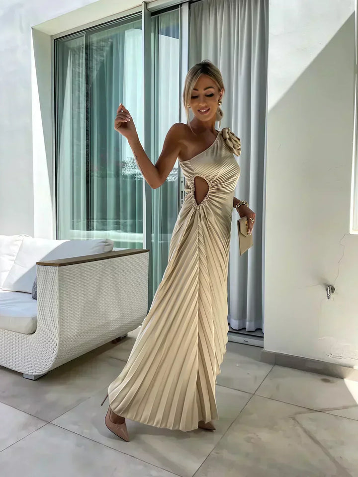 Laura | Graceful One-Shoulder Pleated Maxi Christmas Dress