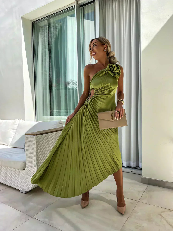 Laura | Graceful One-Shoulder Pleated Maxi Christmas Dress