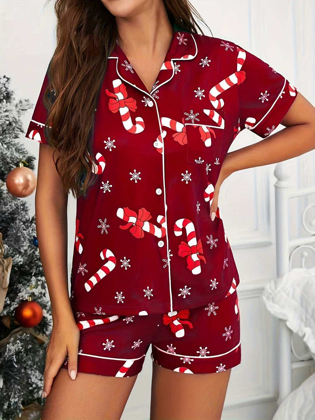Lauren | Effortless Candy Cane Print Christmas Pajamas Set