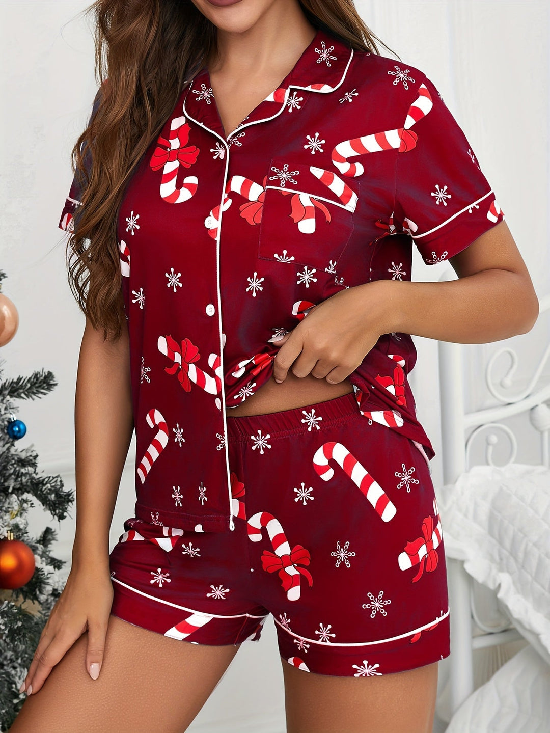 Lauren | Effortless Candy Cane Print Christmas Pajamas Set