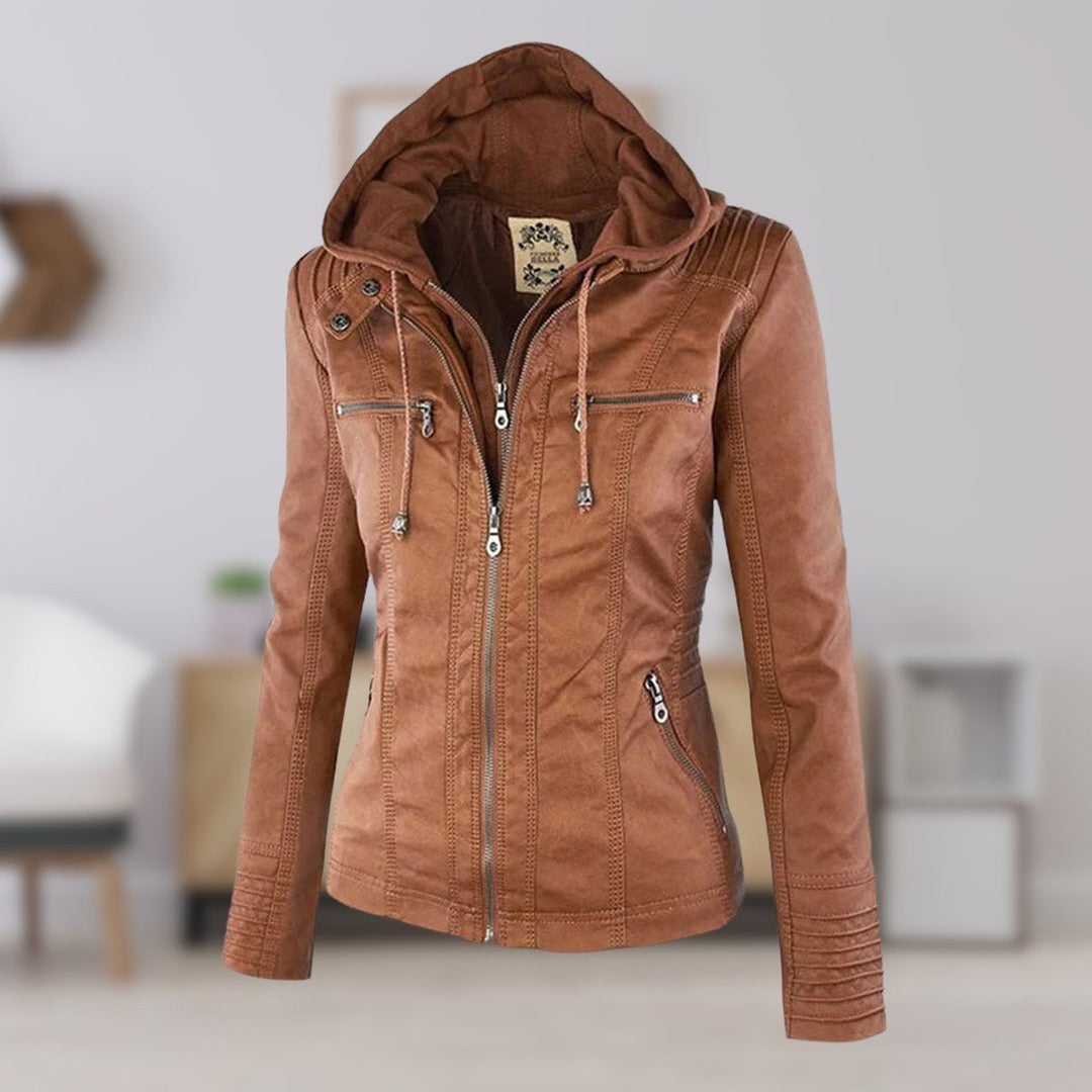 Lauren | Refined Hooded Moto Leather Jacket with Detachable Hood