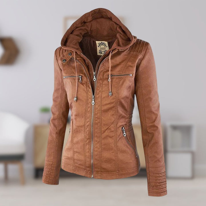Lauren | Refined Hooded Moto Leather Jacket with Detachable Hood
