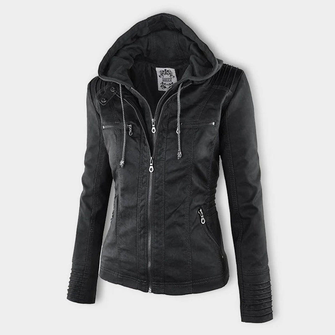 Lauren | Refined Hooded Moto Leather Jacket with Detachable Hood