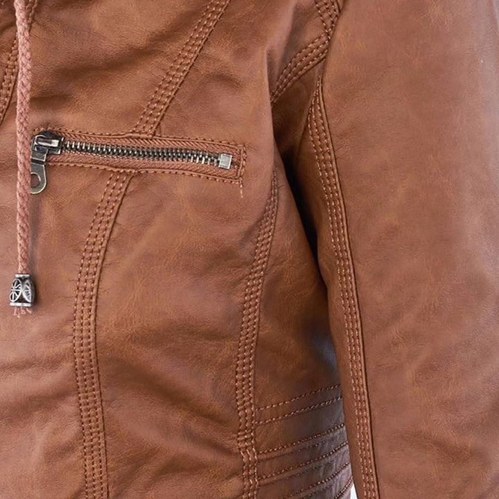 Lauren | Refined Hooded Moto Leather Jacket with Detachable Hood