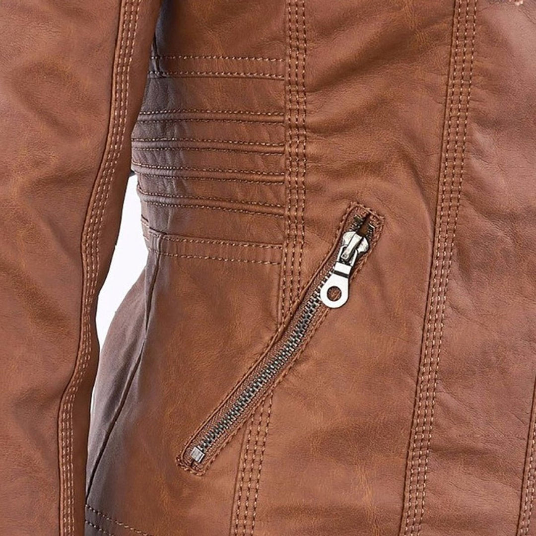 Lauren | Refined Hooded Moto Leather Jacket with Detachable Hood