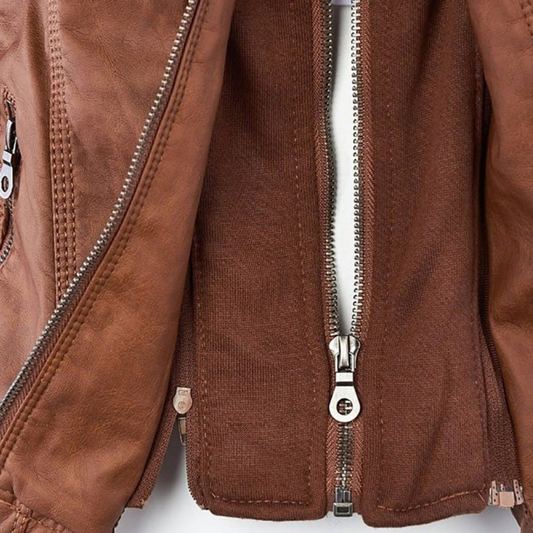 Lauren | Refined Hooded Moto Leather Jacket with Detachable Hood