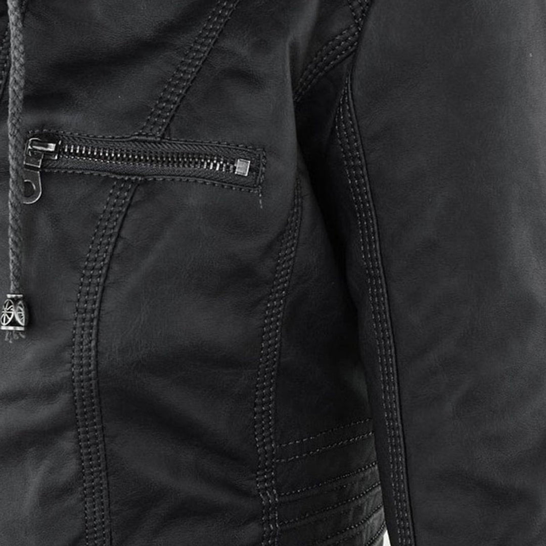 Lauren | Refined Hooded Moto Leather Jacket with Detachable Hood