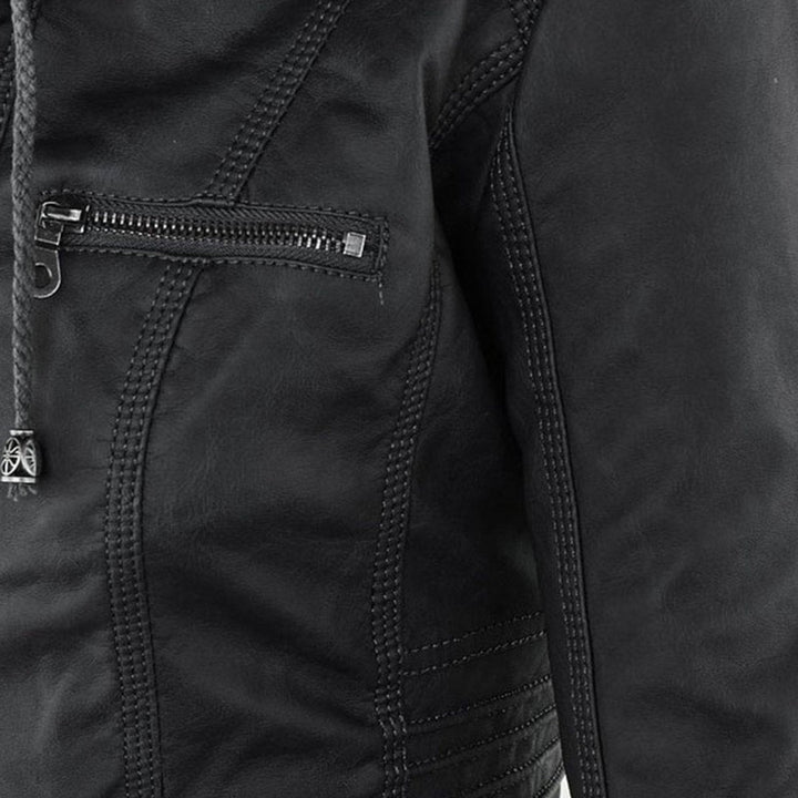 Lauren | Refined Hooded Moto Leather Jacket with Detachable Hood