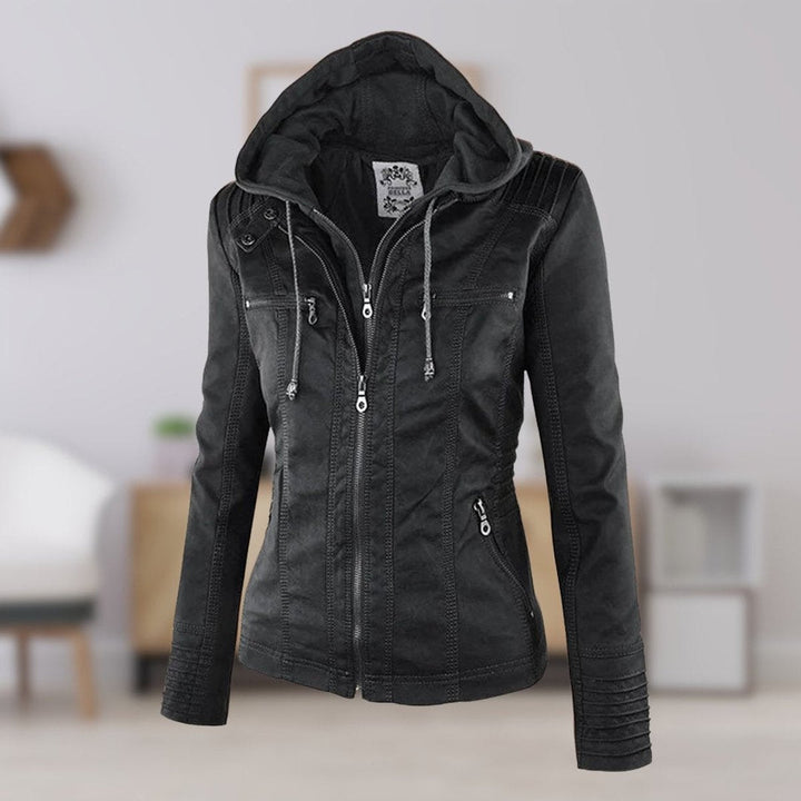 Lauren | Refined Hooded Moto Leather Jacket with Detachable Hood