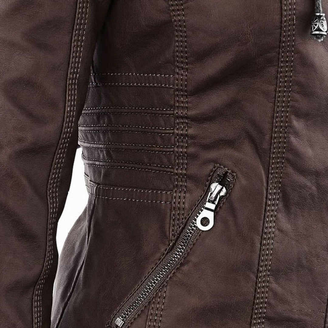 Lauren | Refined Hooded Moto Leather Jacket with Detachable Hood