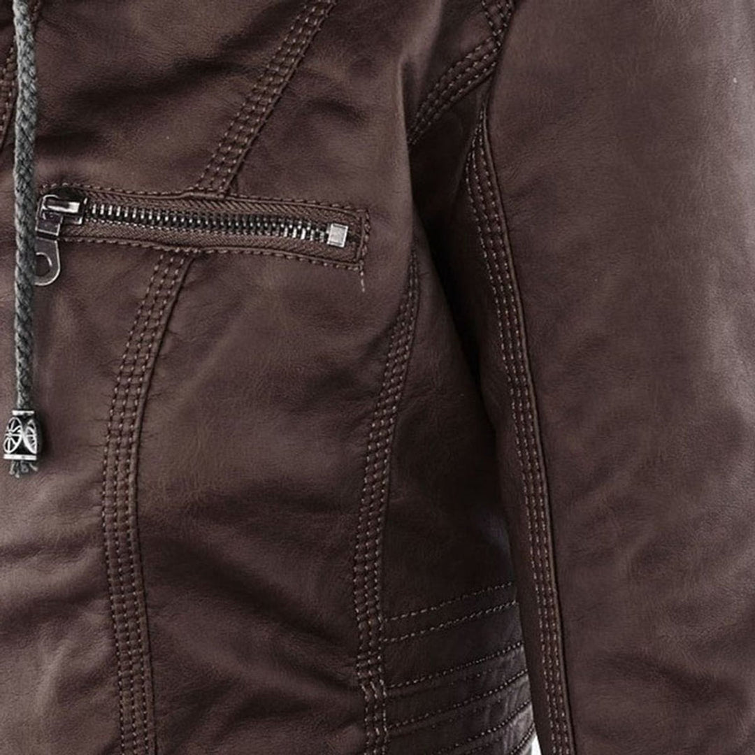 Lauren | Refined Hooded Moto Leather Jacket with Detachable Hood