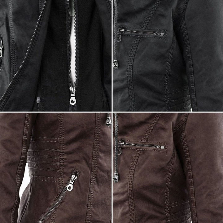 Lauren | Refined Hooded Moto Leather Jacket with Detachable Hood