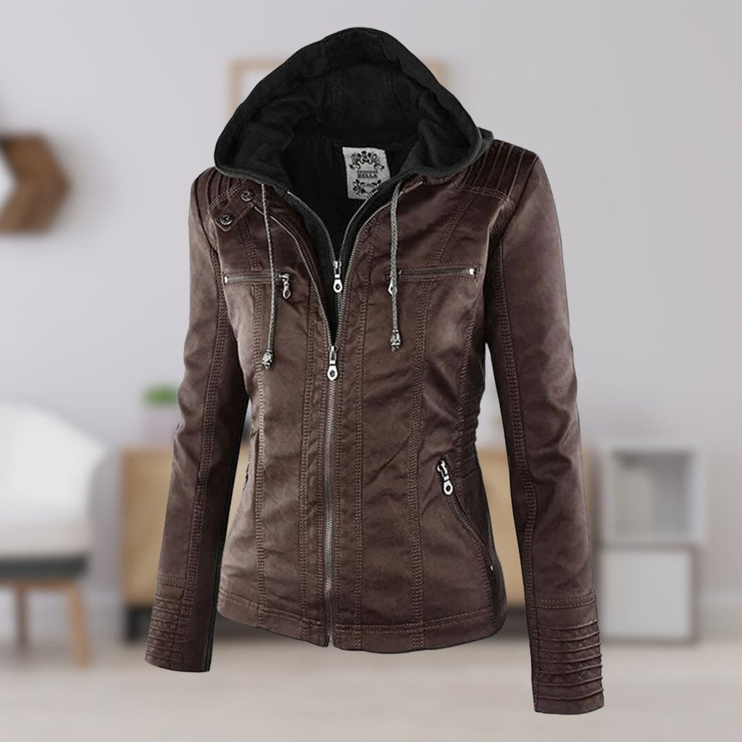 Lauren | Refined Hooded Moto Leather Jacket with Detachable Hood