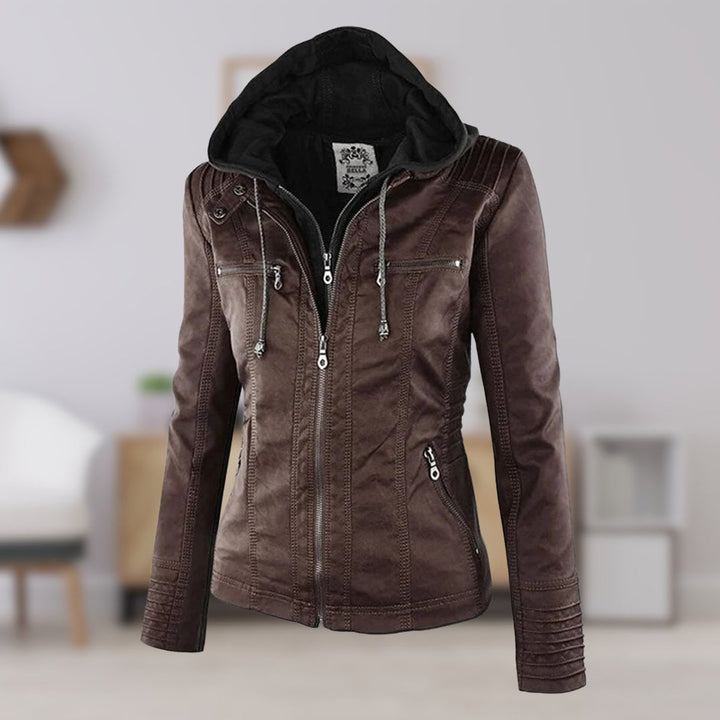 Lauren | Refined Hooded Moto Leather Jacket with Detachable Hood