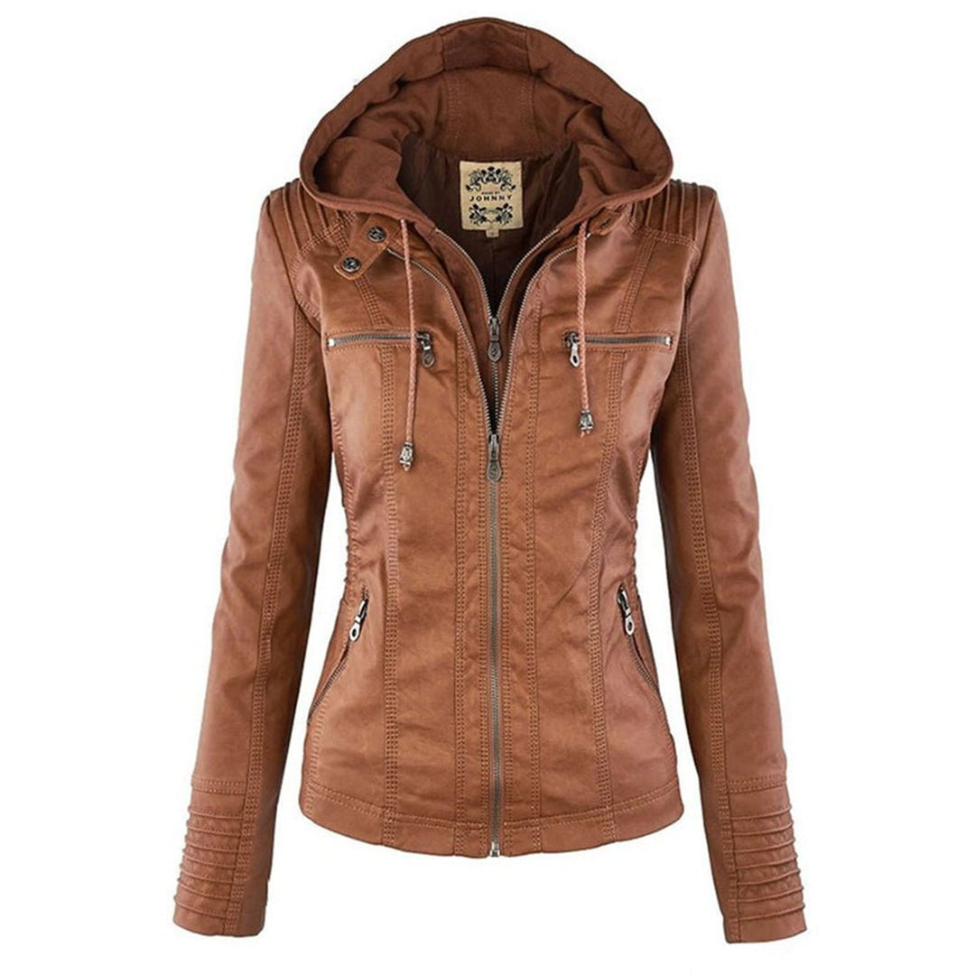Lauren | Refined Hooded Moto Leather Jacket with Detachable Hood