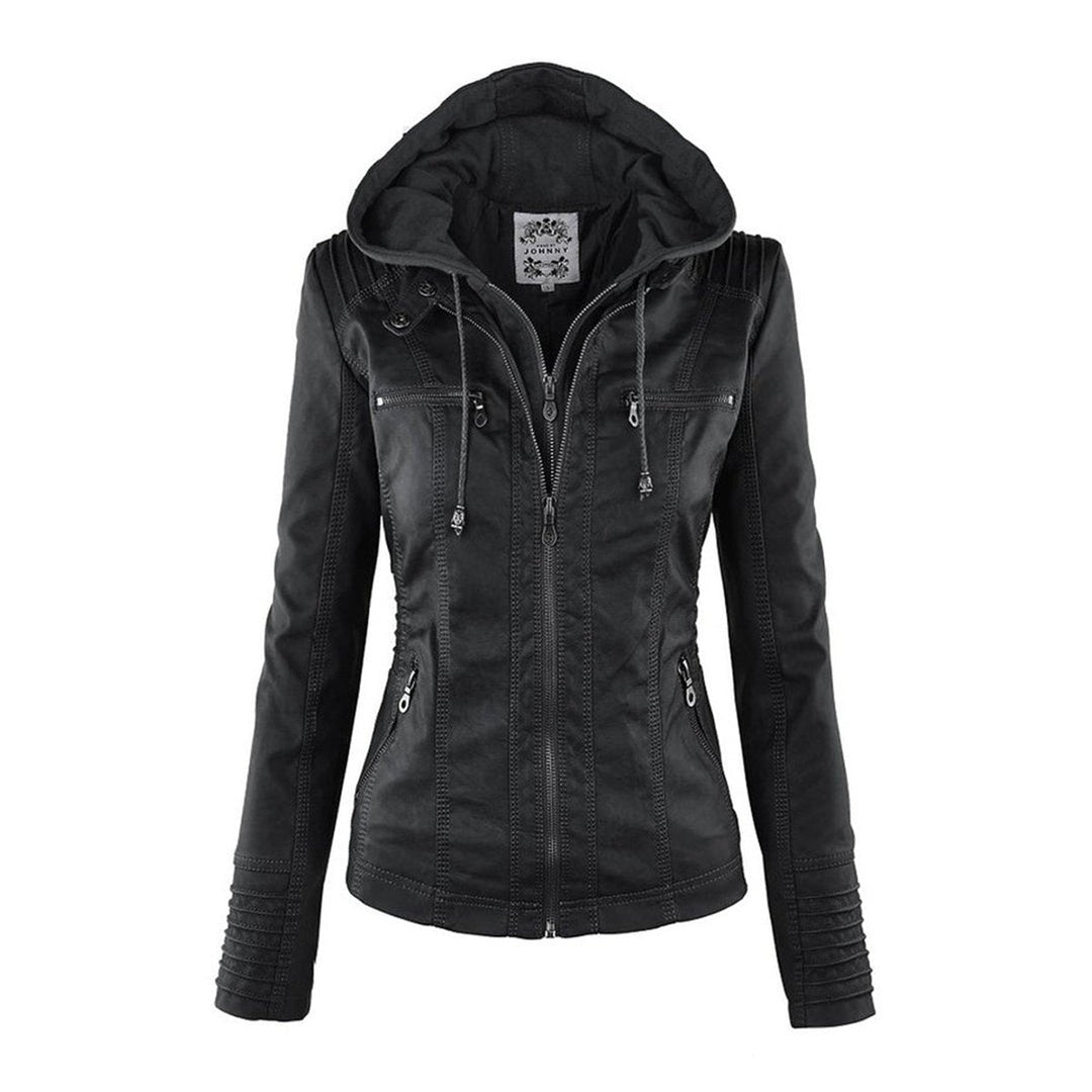 Lauren | Refined Hooded Moto Leather Jacket with Detachable Hood