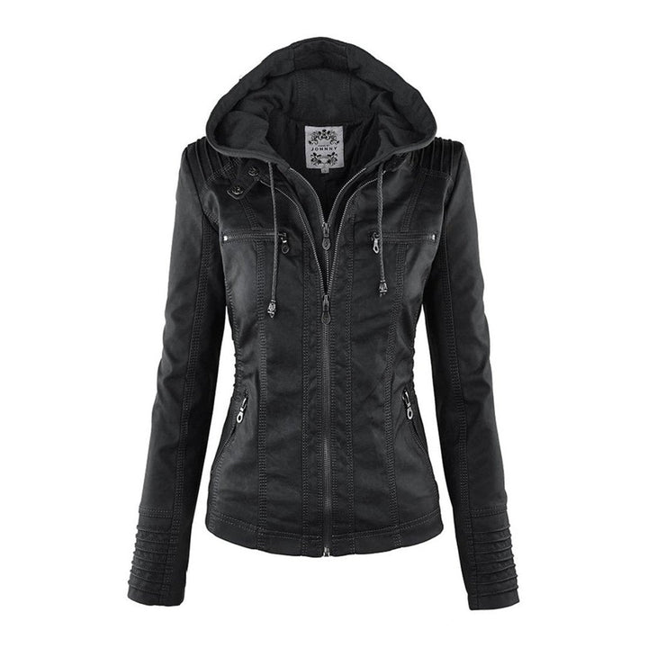 Lauren | Refined Hooded Moto Leather Jacket with Detachable Hood