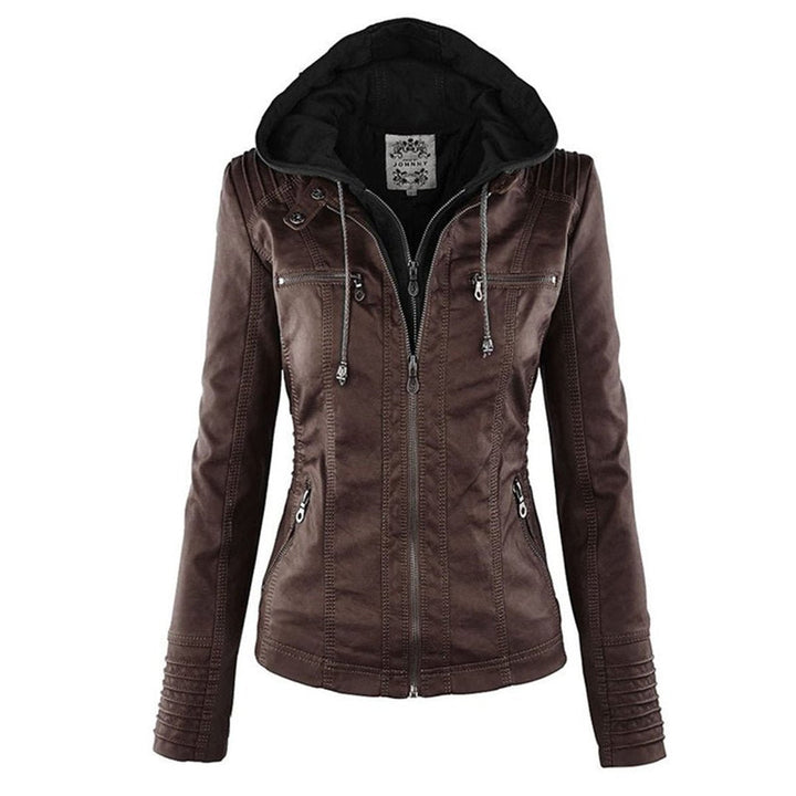 Lauren | Refined Hooded Moto Leather Jacket with Detachable Hood