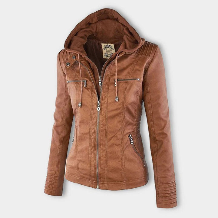 Lauren | Refined Hooded Moto Leather Jacket with Detachable Hood