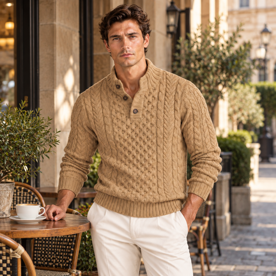 Lawrence | Button Neck Chunky Cable Knit Sweater