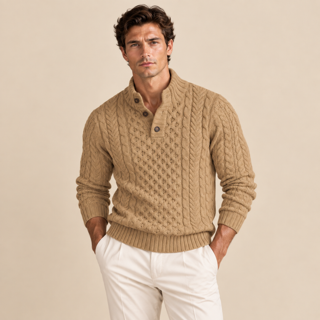 Lawrence | Button Neck Chunky Cable Knit Sweater