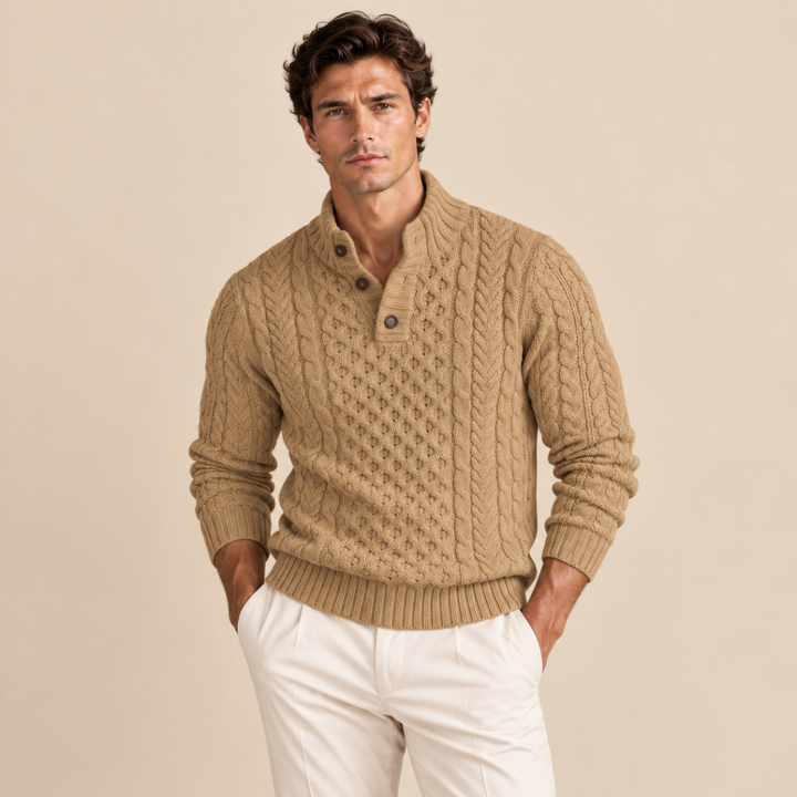 Lawrence | Button Neck Chunky Cable Knit Sweater