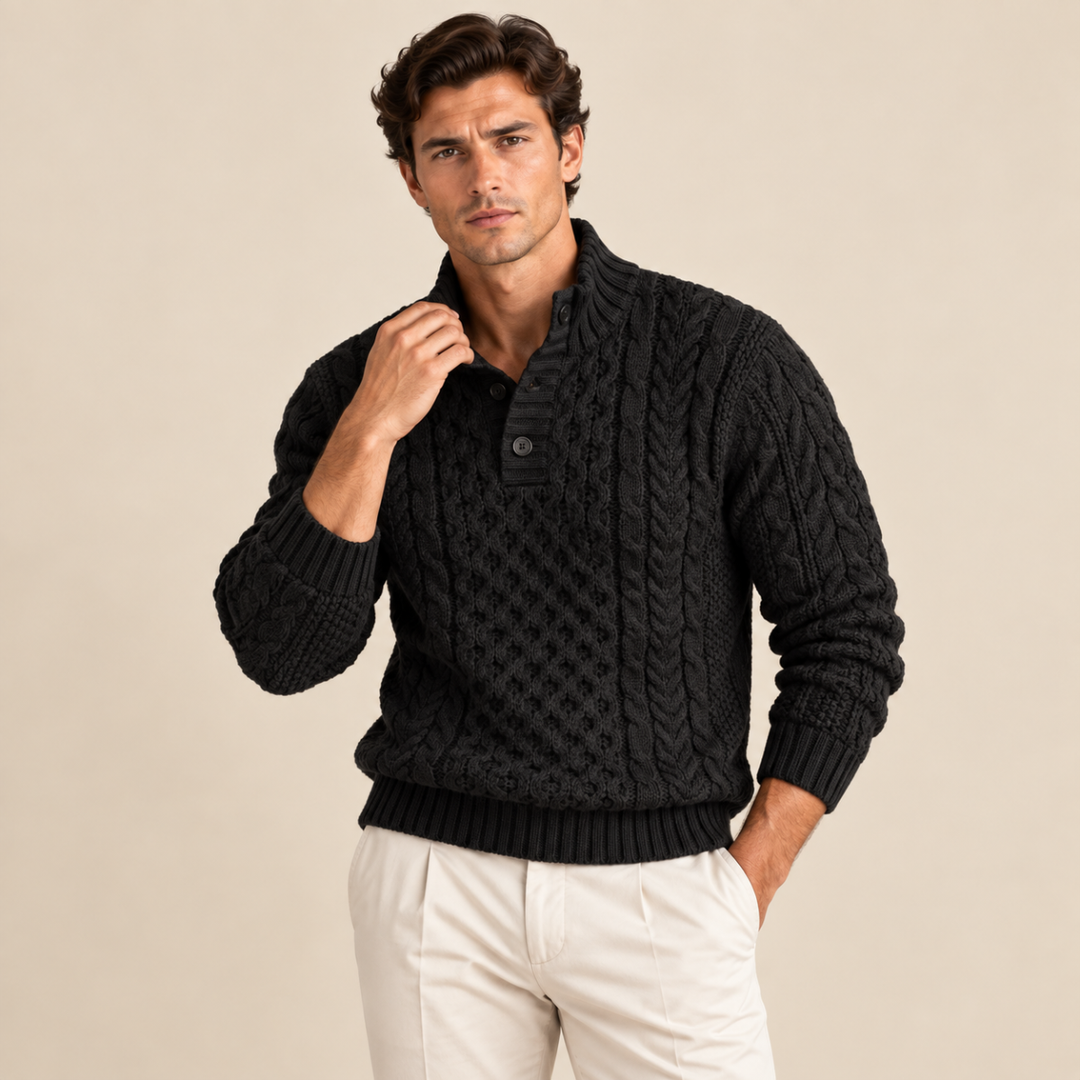 Lawrence | Button Neck Chunky Cable Knit Sweater