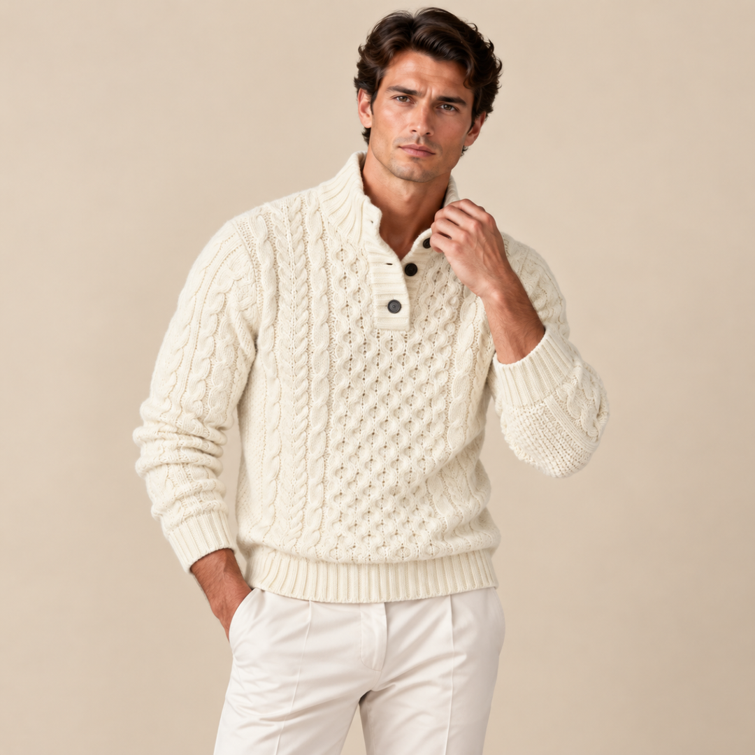 Lawrence | Button Neck Chunky Cable Knit Sweater
