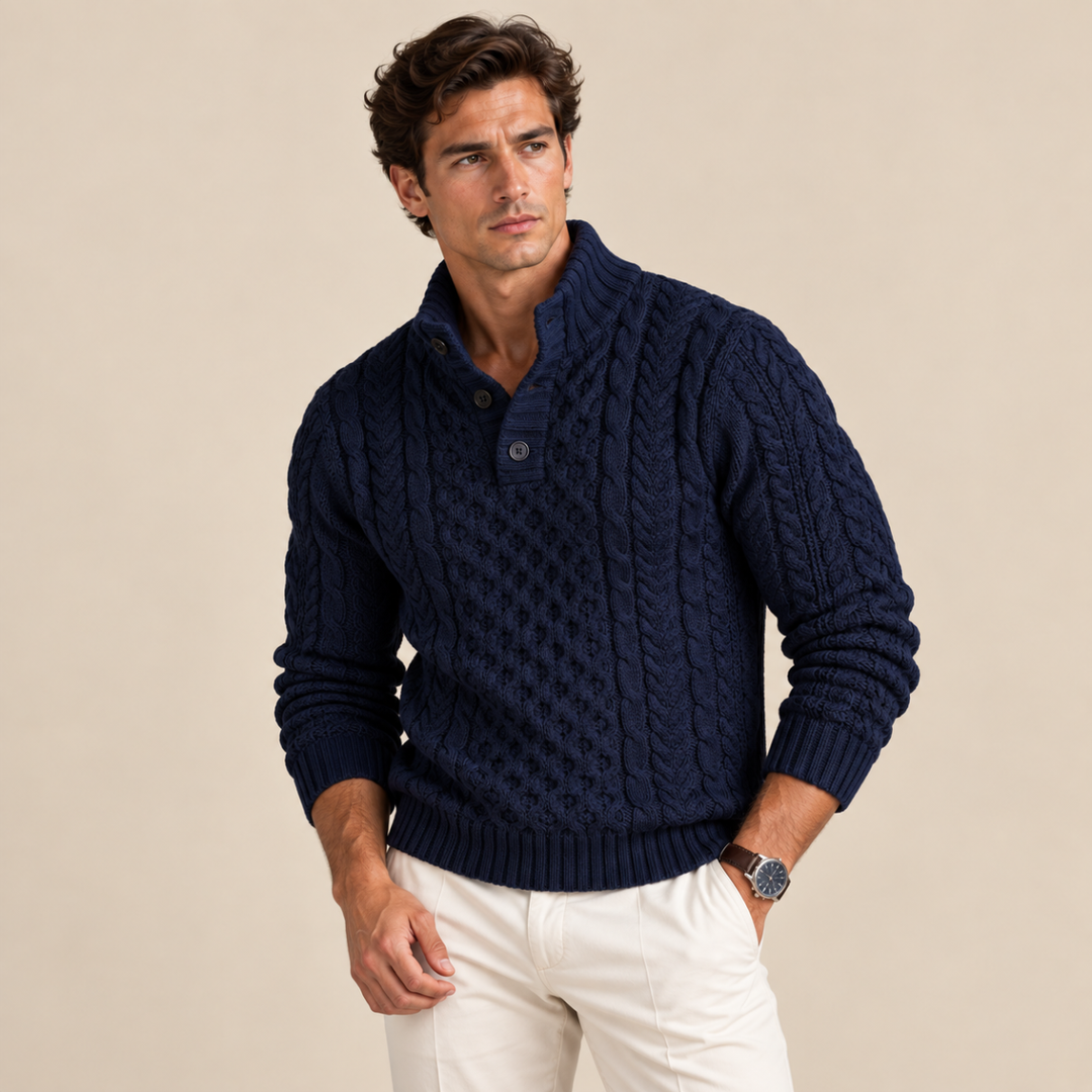 Lawrence | Button Neck Chunky Cable Knit Sweater