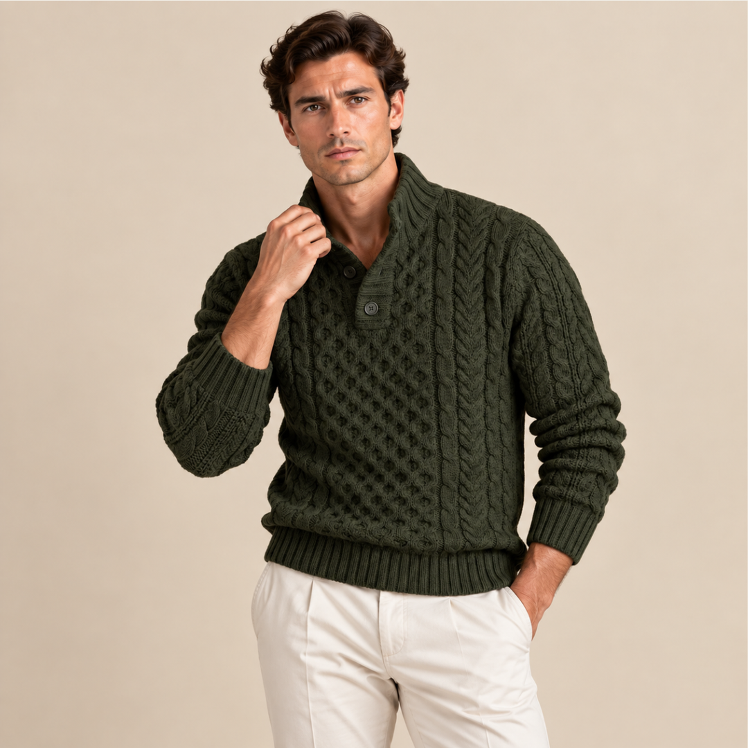 Lawrence | Button Neck Chunky Cable Knit Sweater