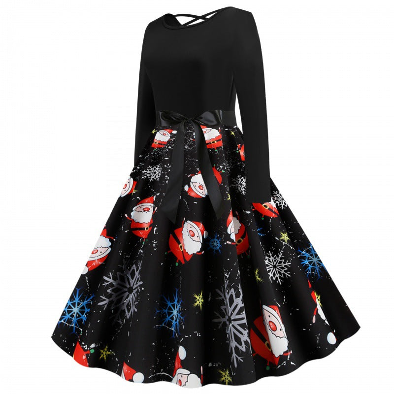 Linda | Long Sleeve Santa Print Swing Christmas Dress