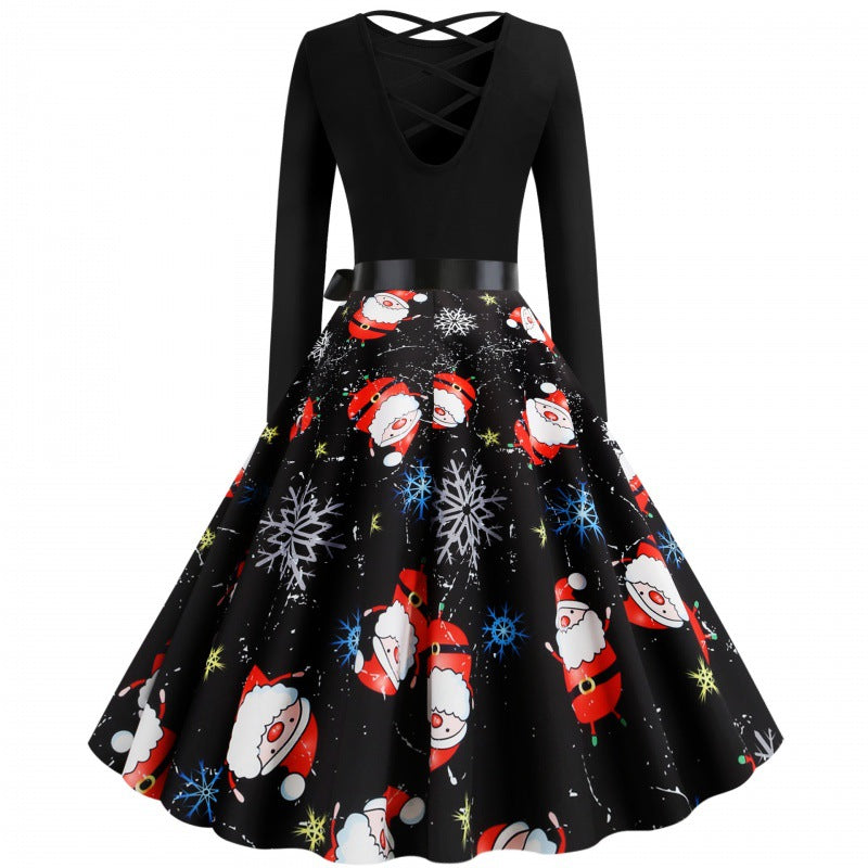Linda | Long Sleeve Santa Print Swing Christmas Dress