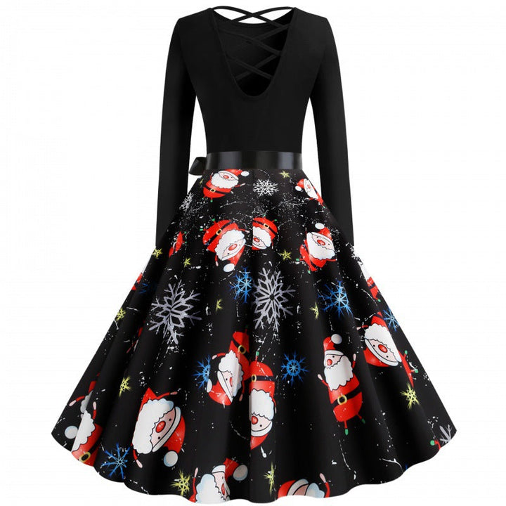 Linda | Long Sleeve Santa Print Swing Christmas Dress