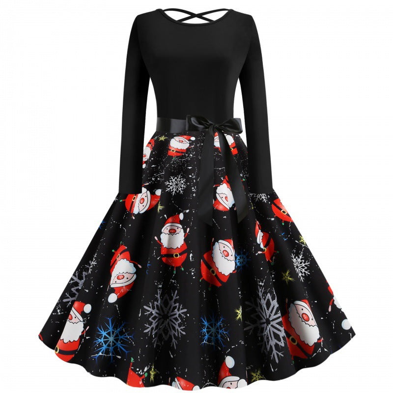Linda | Long Sleeve Santa Print Swing Christmas Dress