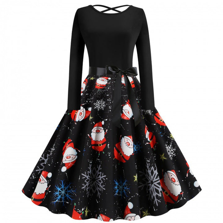 Linda | Long Sleeve Santa Print Swing Christmas Dress