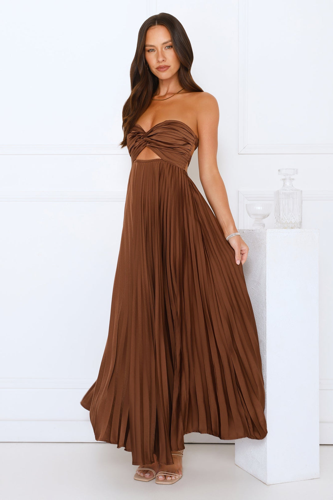 Linda | Sophisticated Strapless Pleated Maxi Holiday Dress
