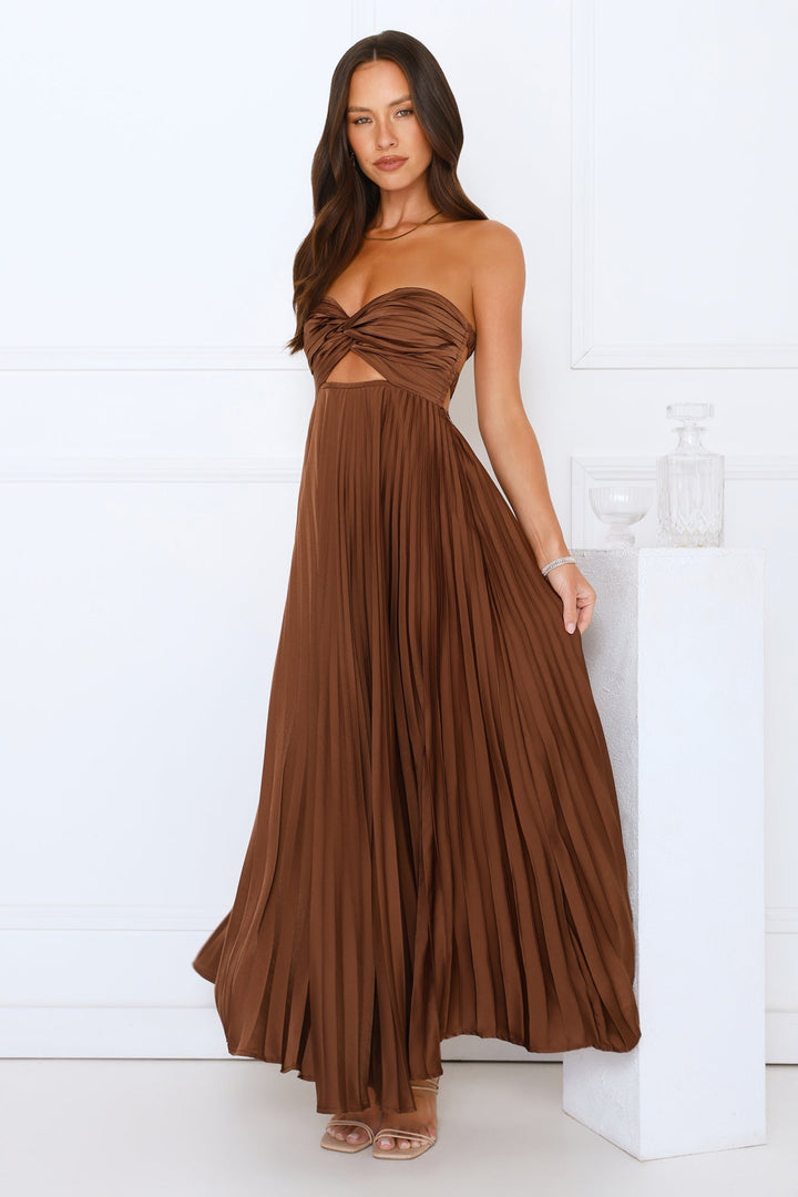 Linda | Sophisticated Strapless Pleated Maxi Holiday Dress