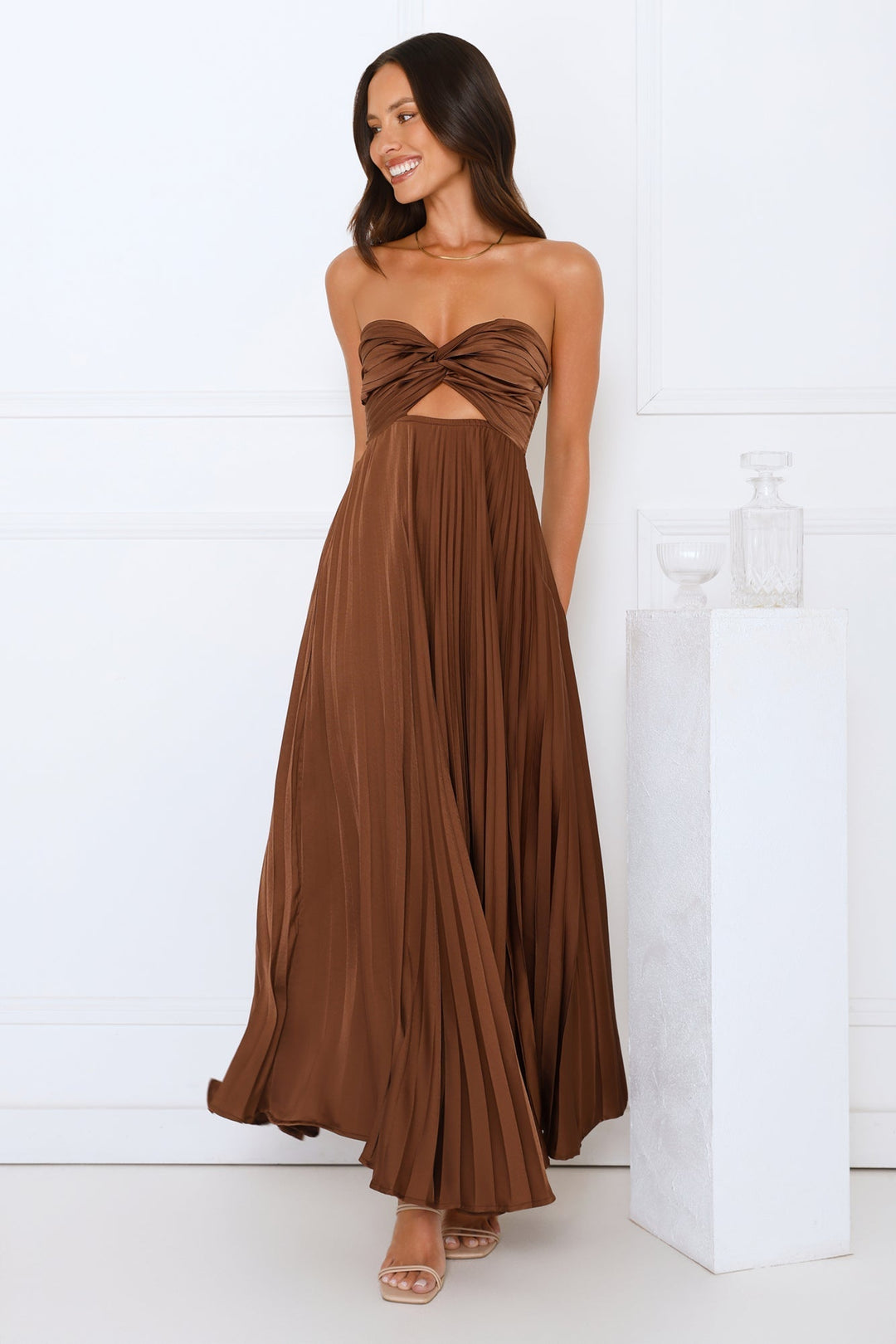 Linda | Sophisticated Strapless Pleated Maxi Holiday Dress