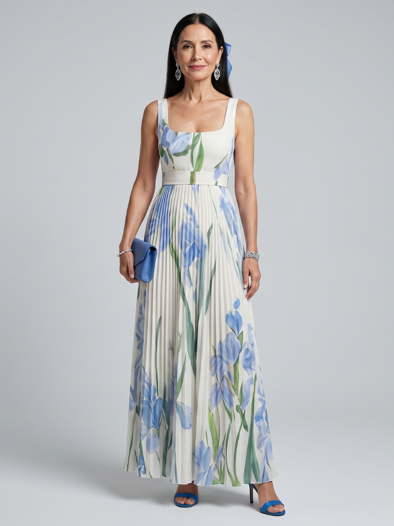 Lisa | Refined Pleated Floral Print Maxi Holiday Dress